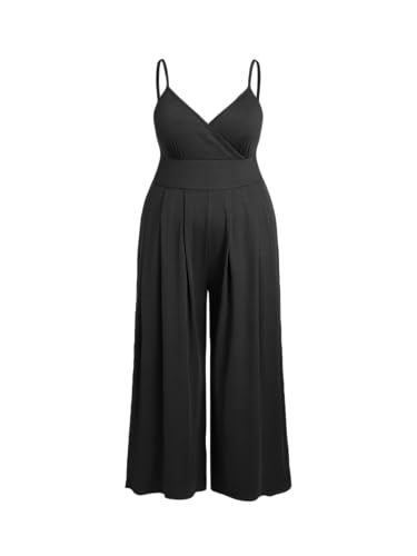 CIDER Plus Size Jumpsuits for Curvy Women V Neck Sleeveless Spaghettis Strap Wide Leg Overalls Casual Summer Outfits