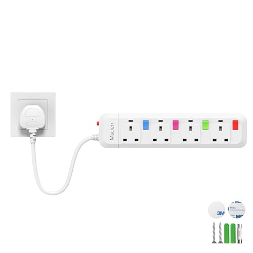 Image of Mscien 4 Way Short Extension Lead, 0.2M Small Extension Lead, Fused 4 plug Extension Socket with Individual Switches Mountable Overload Protection Power Strips with 0.2 Metre Extension cable 2500W