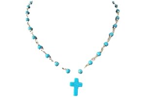 Small Blue Cross Charm Choker Necklace Turquoise Stone Rosary Chain