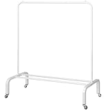 JIUYOTREE Metal Clothing Rack with Wheels, 43.3 Inches Rolling Clothes Garment Coat Rack with Bottom Shelf, Clothing Rack for Hanging Clothes, Coats, Skirts, Shirts, Sweaters, White