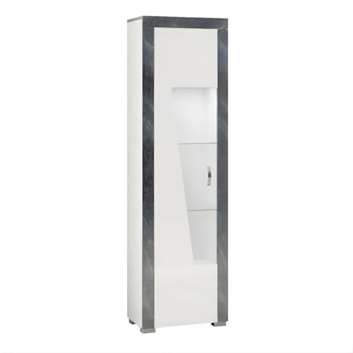 AltoBuy Vitrine Gauche 1 Porte avec LEDs laqué Blanc et Imitation Granit Gris - Newell