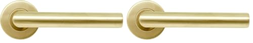 Micel - 05651 - Juego de Manilla con Roseta (53 mm) y Maneta de ángulo recto, Material acero inoxidable, Color dorado PVD, 148 x 53 x 70 mm (Paquete de 2)