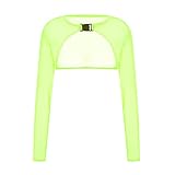 Rave Tops for Women Sheer Mesh Long Sleeve Crop Top See Through Cover Ups with Buckle (A-Neon Green, XL)
