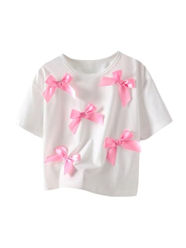 OYOANGLE Girl's Bow Top Short Sleeve Crew Neck T Shirts Cute Summer Tops