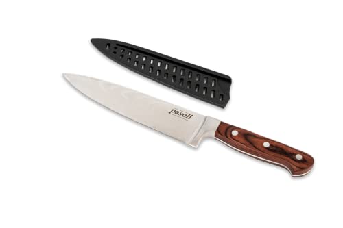 pasoli Professionelles Chefmesser - Edelstahl mit Klingenschutz und edlem Holzgriff - Rasiermesserscharfes Schneidewerkzeug, Küchenschneidezubehör, Kochutensilien - 20cm lang, solider 7CR17-Kern Cover