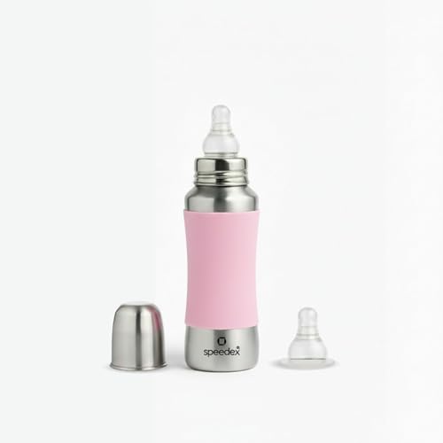 Image of SPEEDEX Stainless Steel Baby Feeding Bottle 240 ml with Pink Silicone Grip & Internal ML Marking | BPA & Plastic Free | Anti-Colic Silicone Nipple | 304 Grade Steel Infant Milk Bottle | Leak Resistant