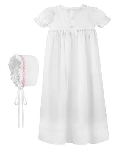 White Christening Gown Hand Smocked Yoke with Cross Detail and Short Sleeves + Bonnet2