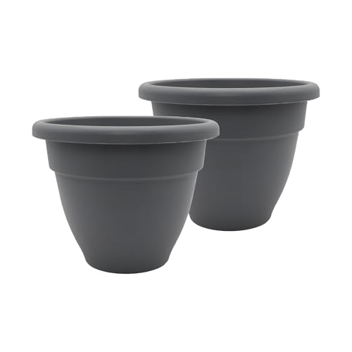 The HC Companies 14 Inch Caribbean Planter Pots with Drainage & Plug, Rolled Rim Plastic Planters for Indoor & Outdoor Plants, 2-Pack Decorative Flower Pots for Garden, Office & Home Decor, Warm Gray