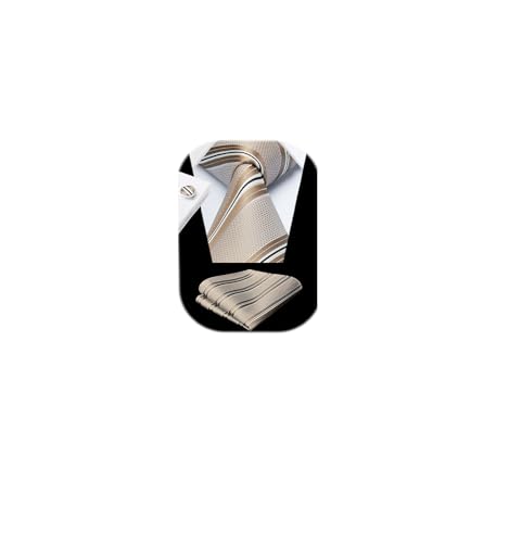 HISDERN Mens Ties Champagne Tie Classic Stripe Plaid Gold Tan Necktie Pocket Square and Cufflinks Formal Silk Ties for Men Wedding Business Party