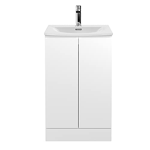 Hudson Reed Modern Bathroom Floor Standing 2 Soft Close Doors Vanity Unit with Round Ceramic Basin with 30mm Profile, 500mm, Satin White, Wood
