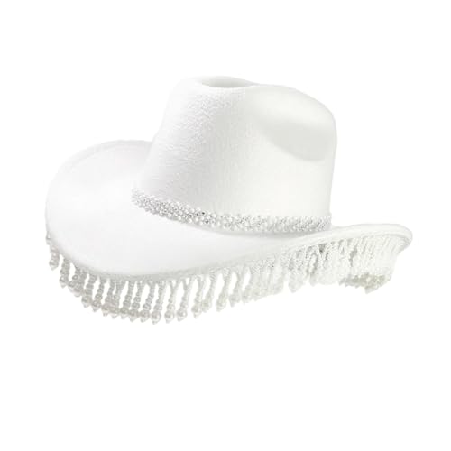 LAIOUSN Sombrero de vaquero transpirable de ala ancha con detalles de perlas para playa, viajes, uso diario, sombrero de moda para mujer, blanco, Talla única
