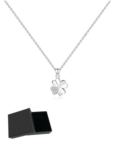 MOPZIJA colgante trebol,trebol 4 hojas,colgante plata,Collar de plata de ley 925 para mujer, collar de la suerte con trébol de cuatro hojas, joyería para mujer,con 1 exquisita caja regalo
