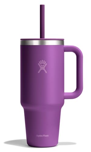 Image of Hydro Flask Travel Tumbler with Handle, Lid and Straw - Insulated Stainless Steel in 40 Oz Beachplum Purple