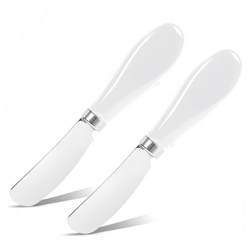 Siutco Butter Spreader Knife Set, 2-Pack Stainless Steel Cheese and Butter Knives with Ceramic Handle, Dishwasher Safe, for Soft & Hard Cheese, Jam, Cold Butter (white)