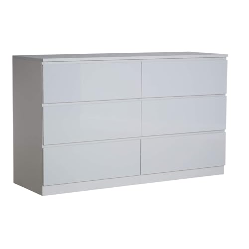 Home Source Large 3+3 Chest of Drawers, High Gloss Front Compact Bedroom Cabinet, Spacious Wide Dresser Storage, 6 Drawer, Grey