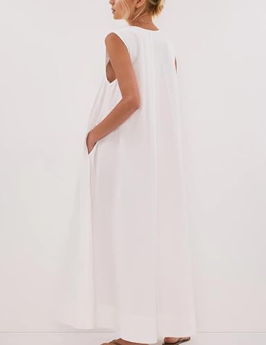 Image of Women Flowy Maxi Dress Ruched Sleeveless Long Dress Vacation Fashion Summer Casual Loose Fit Sundress with Pockets