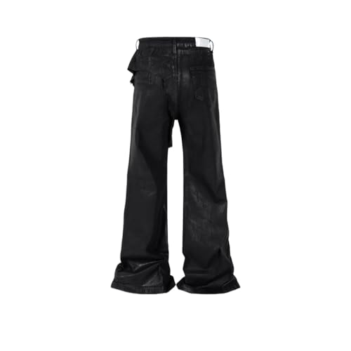 Wearing Women's Black Glue Coated Micro Flared Wax Pants, Unisex High Street Jeans2