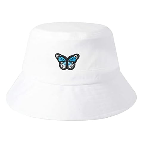 Funfun Home White Embroidered Butterfly Bucket Hats Unisex Fisherman Hat Outdoor Cap Fashion Hats Sun Hats, One Size Cover