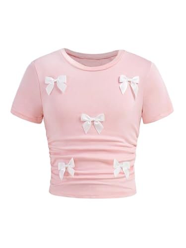 SweatyRocks Girl's Bowknot Short Sleeve T Shirts Crew Neck Ruched Y2K Fitted Summer Tops