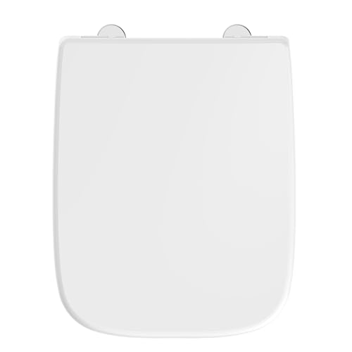 AQUALONA Square Duroplast Toilet Seat Soft Close - Ceramic Appearance - One Button Hinge Release for Quick Cleaning Easy Install (White - Square Shaped)