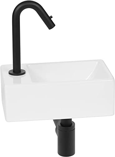 Saqu Inspire Waschtischset mit matt schwarzem Hahn Links, Glänzend weißes Keramik - Waschbecken für Unterschrank, Waschtisch für Gäste WC
