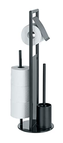 Wenko Serviteur WC Ravina 3en1, Brosse WC et dérouleur Papier Toilette, Range Papier Toilette jusqu'à 3 Rouleaux, Acier INOX - Verre trempé, Ø 20x70 cm, Noir Cover