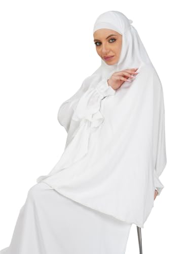 ANA Arisha White Solid Prayer Dress – Soft Rayon Cotton Namaz Makhna with Tie Knot | 40″ Front × 44″ Back | Attached Sleeves | Lightweight, Ready to Wear for Hajj, Umrah & Salah
