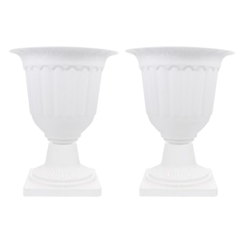 Happyyami 2pcs Plastic Classic Urn Planter Indoor Outdoor Tall Pedestal Planter Vintage Flower Pot for Front Porch Door Balcony Decoration White 35cm