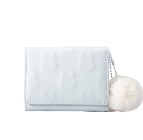 Kawaii Cute Candy Rabbit Puff Wallet with Pom Pom Charm Macaron Color - Cotton Candy Bunny Wallet Adorable Tri-Folds (Pastel Pink/Blue/Lavender/Black/Green) (02_Blue)