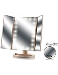 Asani Tri-Fold Lighted Magnification Makeup Mirror with a FREE 10X Spot Mirror | 21 LED Lights & Touch Controls | 1X/2X&3X Magnifying Cosmetic Vanity Folding Mirrors for Dresser | Free Rotation(Gold)