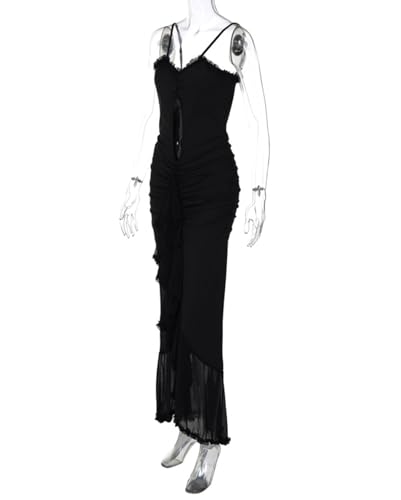 Image of houstil Women's Strap Ruffle Casual Summer Dress Mesh Beach Party Maxi Cocktail Evening Holiday Wedding Guest Dresses