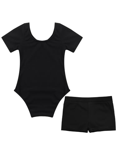 Hansber Kids Girls Short Sleeve Dance Leotard Gymnastics with Shorts Set Athletic Biketard Unitard 2 Piece Dance Outfits2