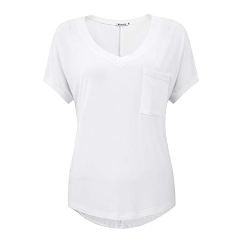 KLOTHO Basic Shirts for Women V Neck Tops with Pockets Short Sleeve Summer Tee High Low White Plus Size Medium