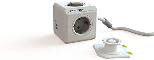 Kompakter Steckdosen-Würfel für 4 Stecker und 2 USB Geräte (2 A gesamt), Schreibtisch-Steckdose, 1,5 Meter Kabel, grau-weiß