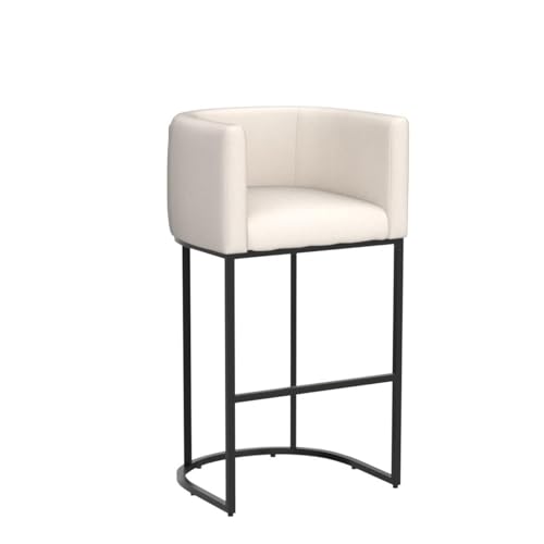 Image of HNY Cream Modern Barrel Counter Height Clearance Bar Stool, 32 Inch Linen Kitchen Barstool with Back for Island, with Black Metal Tubular Frame