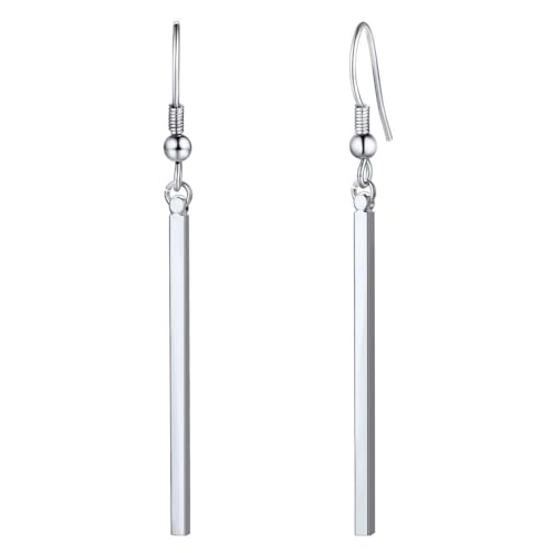 FOCALOOK Silver Earrings for Women Stainless Steel Ear Dangle Womens Hypoallergenic Drop Earring Thin Vertical Bar Dangles Birthday Jewellery Gift for Her