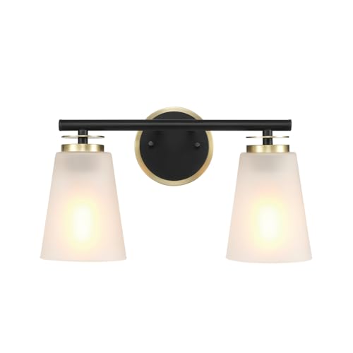 Image of Globe Electric 2-Light Vanity Light, Matte Black, Frosted Glass Shades, Matte Brass Accents