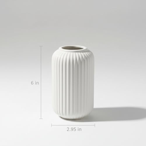 Image of PUREZENTO White Ribbed Texture Ceramic Vase - 6 Inch | Vases for Centerpiece Home Decor, Living Room & Bedroom | Vase for Pampas Grass, Dried & Artificial Flowers