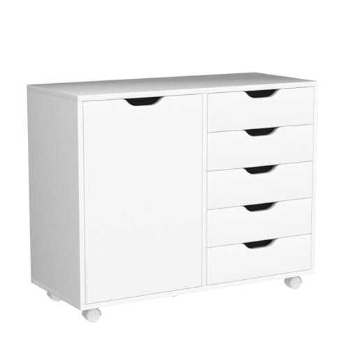 Image of Naomi Home Amy 5-Drawer Rolling Drawer Dresser with Cabinet - White | Five easy-access drawers, two shelves, smooth-rolling casters and a wide top in a space-saving storage cabinet.