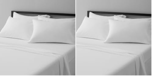 Image of Amazon Basics Soft, Comfortable Queen Size Bed Sheets, Deluxe Microfiber, 4-Piece, Bright White Striped Temp (Pack of 2)