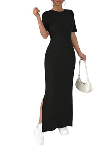 SweatyRocks Damen Kleid Langes Sommerkleid mit Schlitz Kurzarm Maxikleid Rundkragen Damenkleider Sommer Ekegante Kleider Shirtkleid Freizeitkleid...