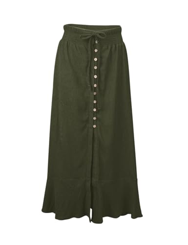 Image of Minclouse Women's Elastic Tie Waist Button Down Maxi Skirts Casual Loose Flowy Swing Slit Front Dress