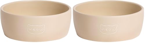 Pearhead Ceramic Cat Bowl – Neutral Taupe “Meow” Design, Holds 1.3 Cups, Stoneware Pet Dish, Whisker-Friendly Pet Feeding Bowl, Non-Skid, Small (Pack of 2)