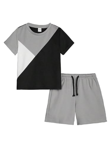 Image of Ayzozuy Boy Clothes Colorblock Top + Drawstring Waist Shorts 2 Pieces Kid Summer Outfits Set