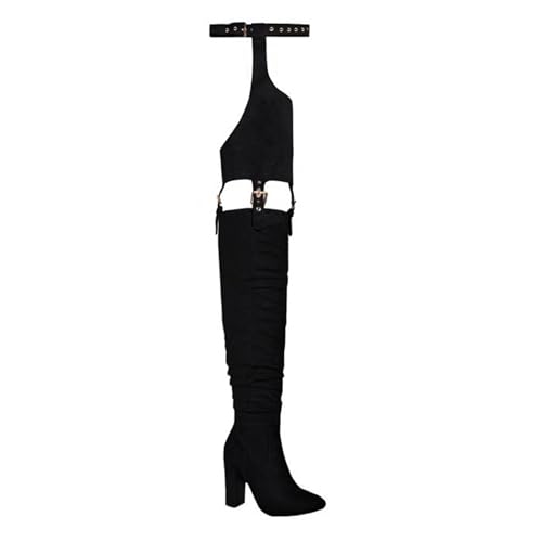 HiColor Women's Belted Pointed Toe high Boots Striking Buckle Strap Fashion thick Heel Thigh high Boot