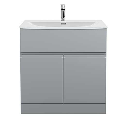 Hudson Reed URB205G Urban Modern Bathroom Floor Standing 2 Soft Close Doors and 1 Drawer Vanity Unit with Round Ceramic Basin with 30mm Profile, 800mm, Satin Grey
