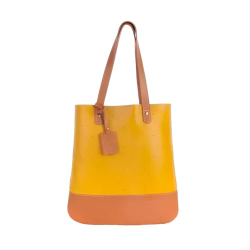 Bolsa de Couro Legítimo Feminina Flávia – Modelo Saco Compacta e Elegante, Leve, Resistente e Sofisticada – Ideal para Uso Diário, Trabalho, Passeios e Presentes (Mostarda com Caramelo)
