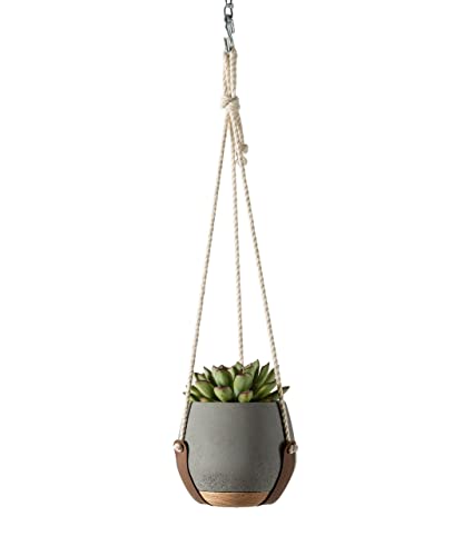 Alternative Function Plant Hangers Pot In Grey | Premium Concrete Planter Basket With Solid Oak Wood Base | Flower Pot Holder With Leather & Cotton Rope | Indoor Hanging Planter For Home & Room Décor #TOP1