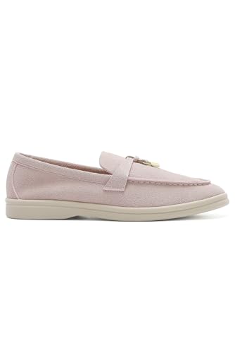 Image of Women's Faux Suede Loafers Fashion Slip On Comfort Flat Shoes Lightweight Breathable Non-Slip Casual Walking Shoes with Metal Buckle for Daily Office Travel Outdoor