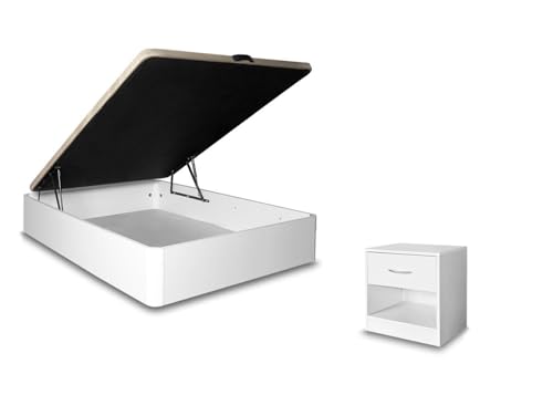 S & S Saldos y Stocks Pack Cama Canape Abatible Blanco 105x190 cm + Mesita de Noche 1 Cajon Blanco